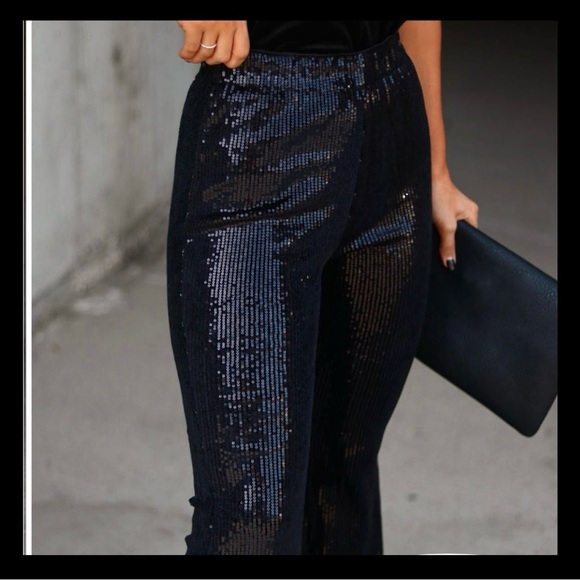 VICI Collection: I WILL SURVIVE SEQUIN FLARE PANTS - BLACK - Picture 2 of 5